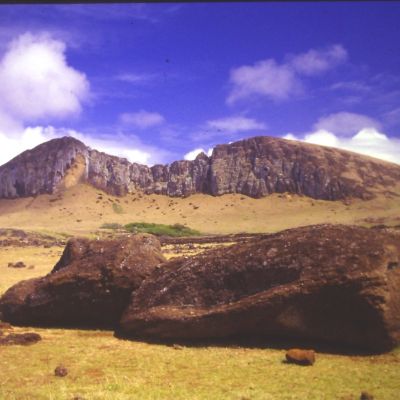 Sleeping moai in the shadow of Rano Raraku on Rapa Nui